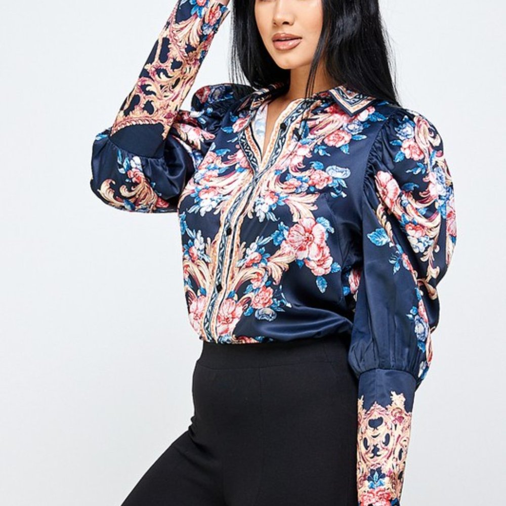 Women's Floral Balloon Sleeve Shirt Blouse - Picture 4 of 8